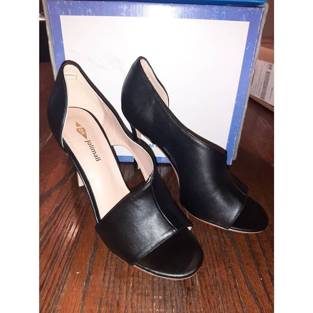 Size 10 Jolimall Black Cut Out Open Toe Side 4.5" Stiletto High Heels Dress Shoe